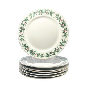 Baum Brothers “Holly” Set of 7 Porcelain Christmas Dinner Plates 10 1/2”